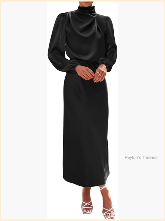 Dresses & Skirts - Long Sleeve Mock Neck Satin Maxi Dress Formal Party